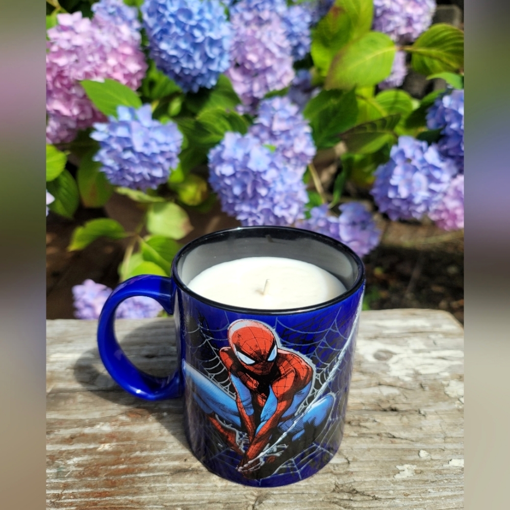 Spiderman candle in oversized coffee mug